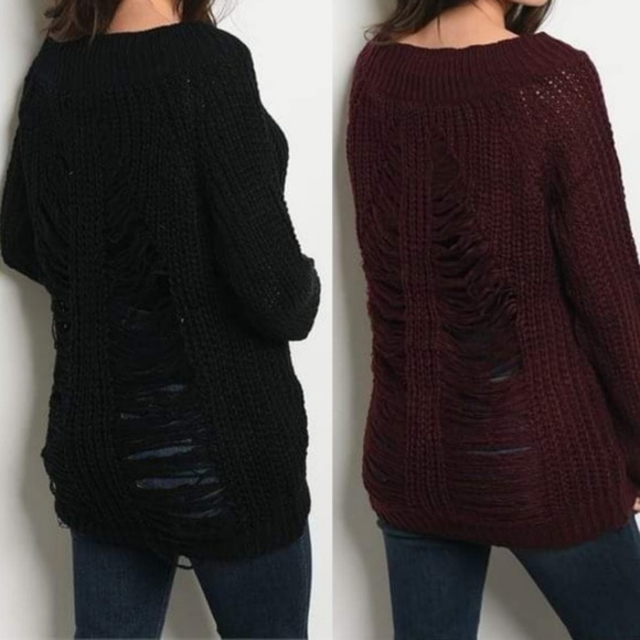 Slashed Distressed Back Knit Sweater (MERLOT) - Picture 4 of 4